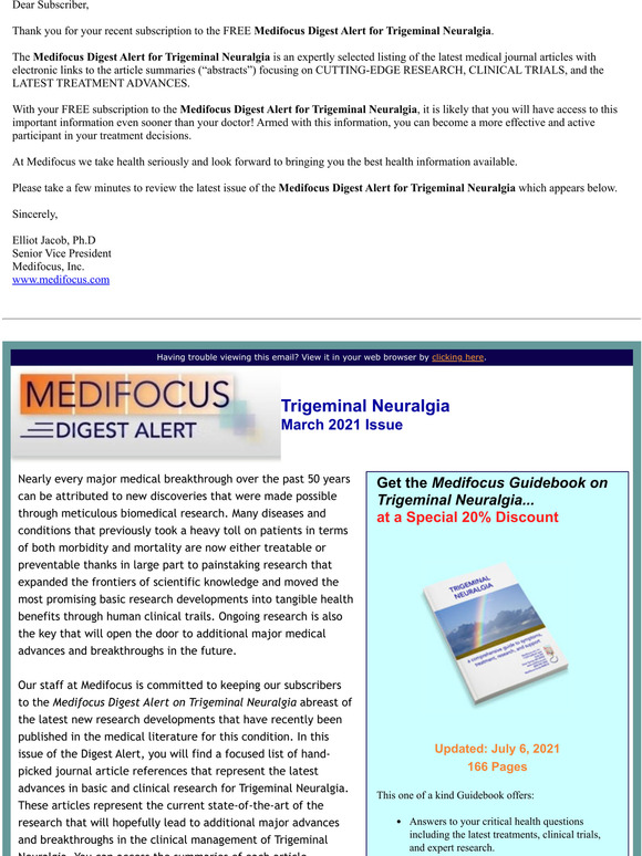 Your FREE Subscription to the Medifocus Digest Alert for Trigeminal Neuralgia