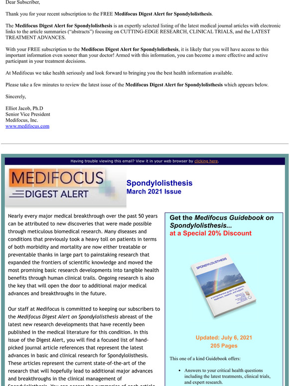 Your FREE Subscription to the Medifocus Digest Alert for Spondylolisthesis