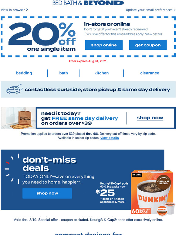 Bed Bath & Beyond Coupon enclosed + Dontmiss deal Keurig KCup pods