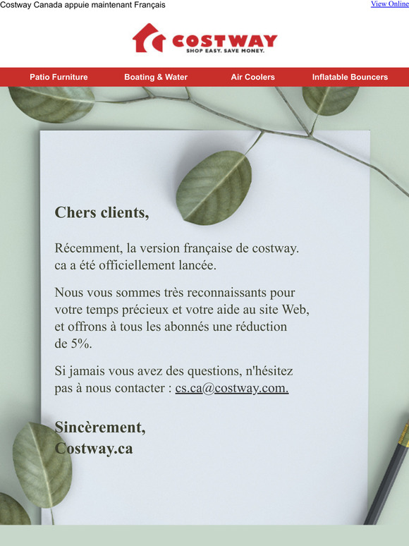 Update: Costway Canada appuie maintenant Franais