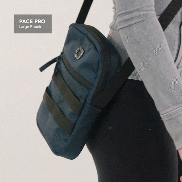 Quick close up shots of the features of the pace pro large pouch in navy