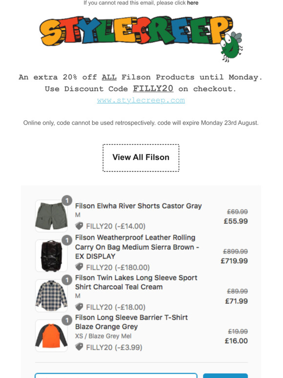 Extra 20% off all Filson Until Monday - Mailing List Discount Code @Stylecreep
