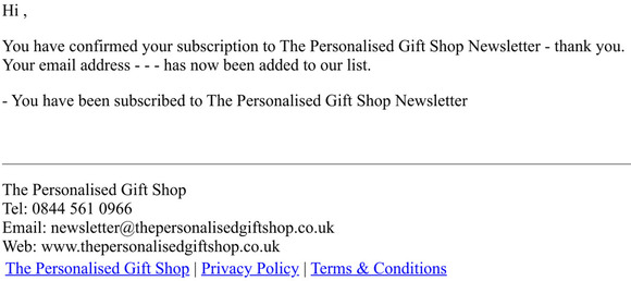 The Personalised Gift Shop - Your subscription is confirmed