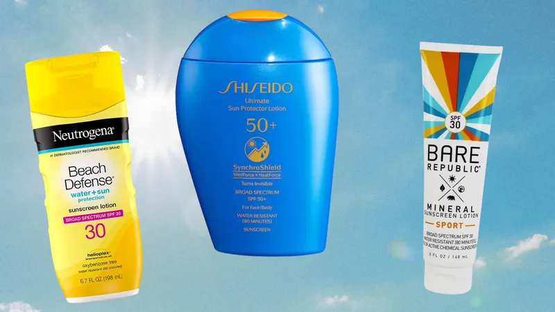 Three bottles of sunscreen collaged onto a background of the blue sky with the sun shining
