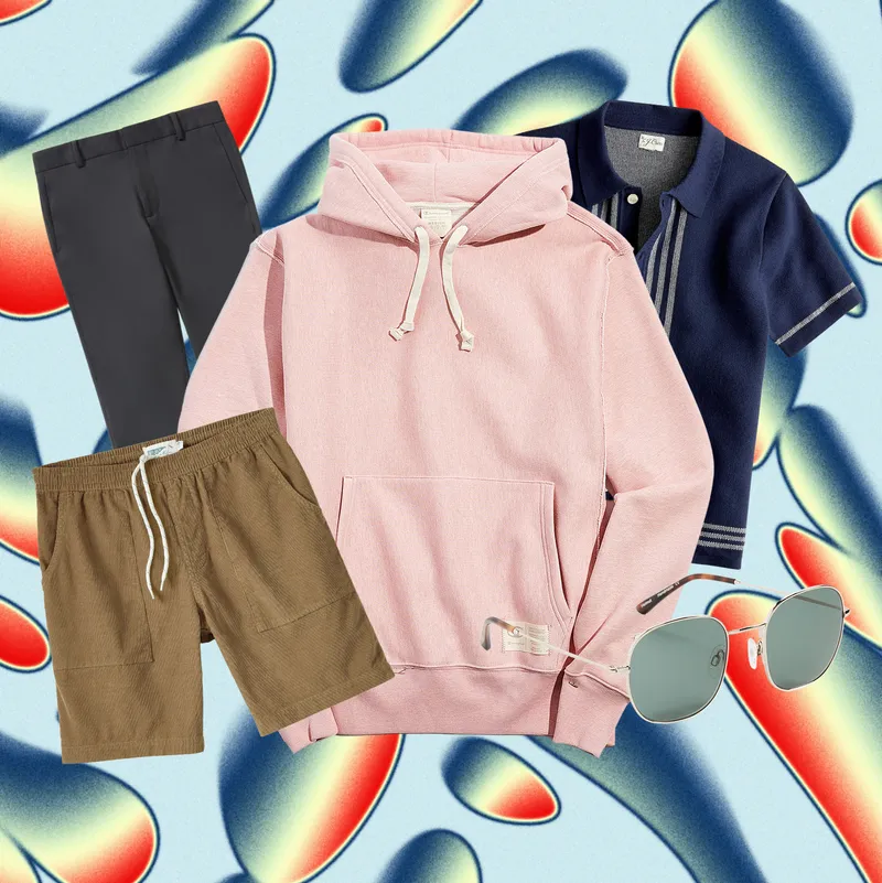 A collection of clothes collaged together on a colorful abstract background