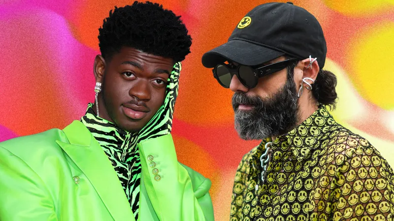 A collage of Lil Nas X and a man in a hat both wearing a bunch of earrings on a colorful abstract background