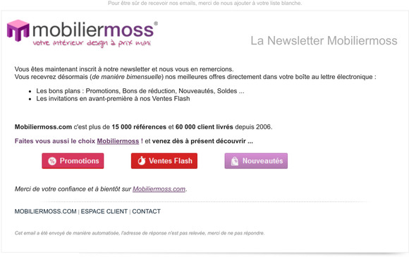 Confirmation d'abonnement  la newsletter MobilierMoss.com