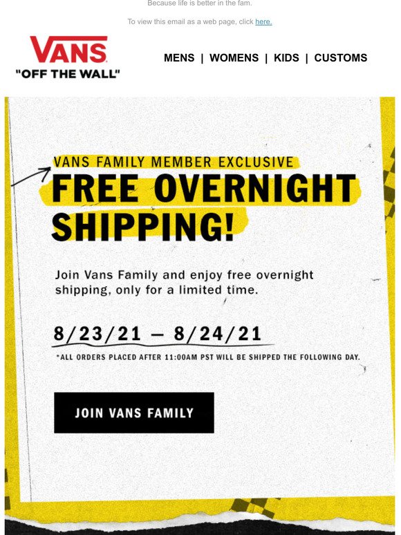 Vans: Join Vans Family Free Overnight Shipping | Milled