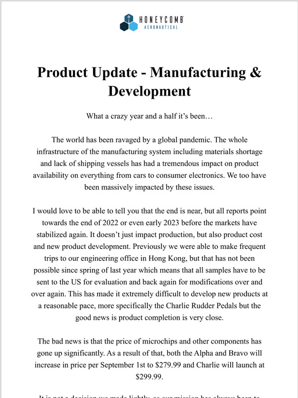 Product Update - Manufacturing & Development