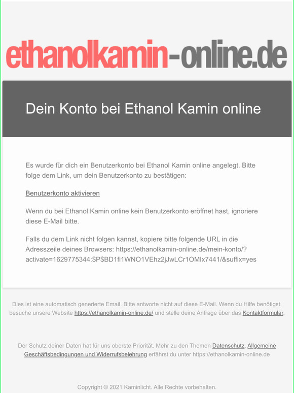 Aktiviere dein Benutzerkonto auf Ethanol Kamin online