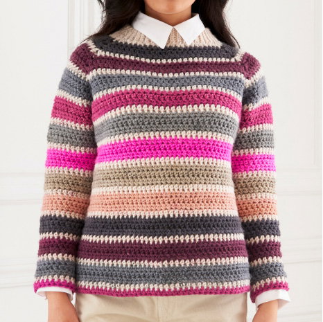 Caron Striped Crochet Raglan Pullover Image
