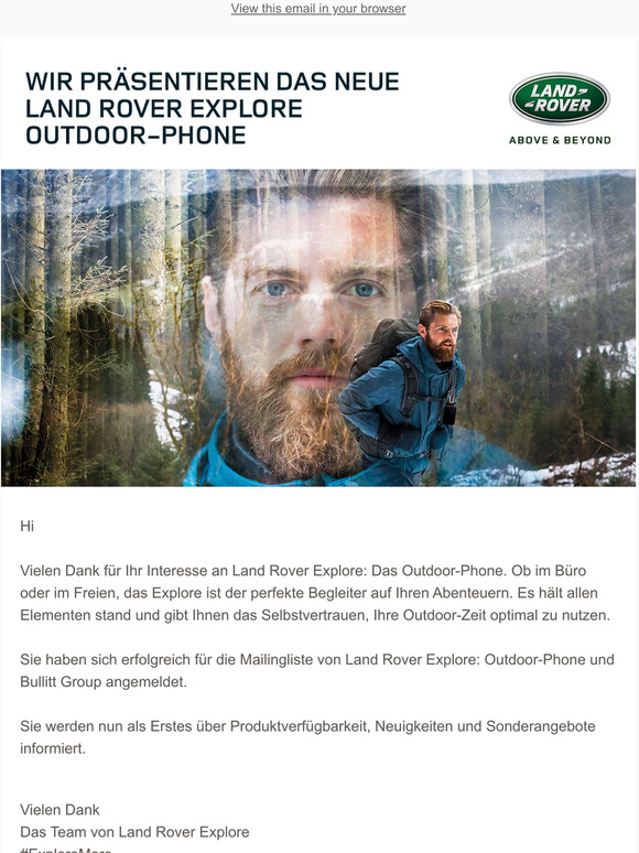 Vielen Dank fr Ihre Registrierung bei Land Rover Explore: Outdoor-Phone