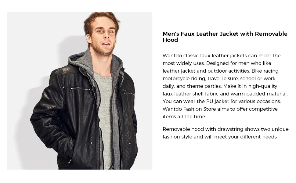 Wantdo Mens Windbreaker PU Leather Jacket with Removable Hood 