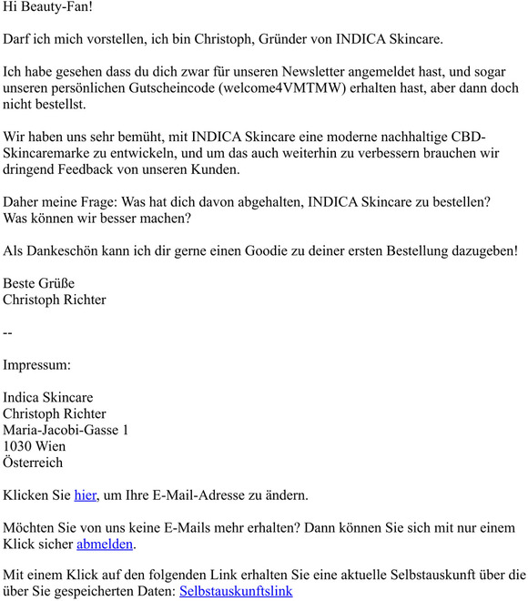 Frage: Was knnen wir an INDICA Skincare verbessern?