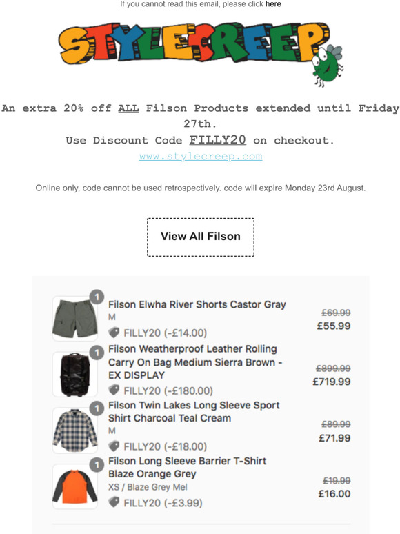 Extra 20% off all Filson extended until Friday - Mailing List Discount Code @Stylecreep