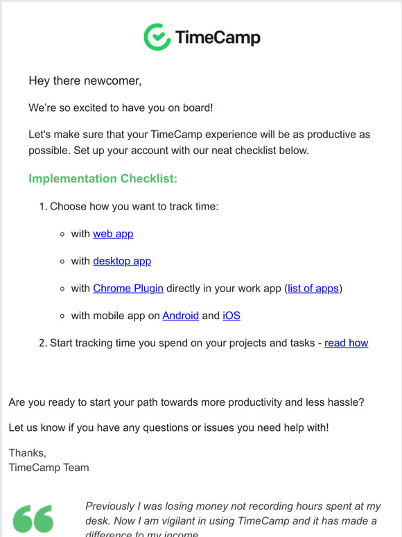 Welcome to TimeCamp! Here is your implementation checklist
