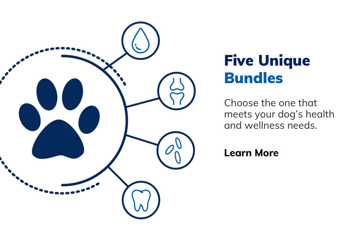 Five Unique Bundles. Choose the one that meets your dog's health and wellness needs. Learn More.