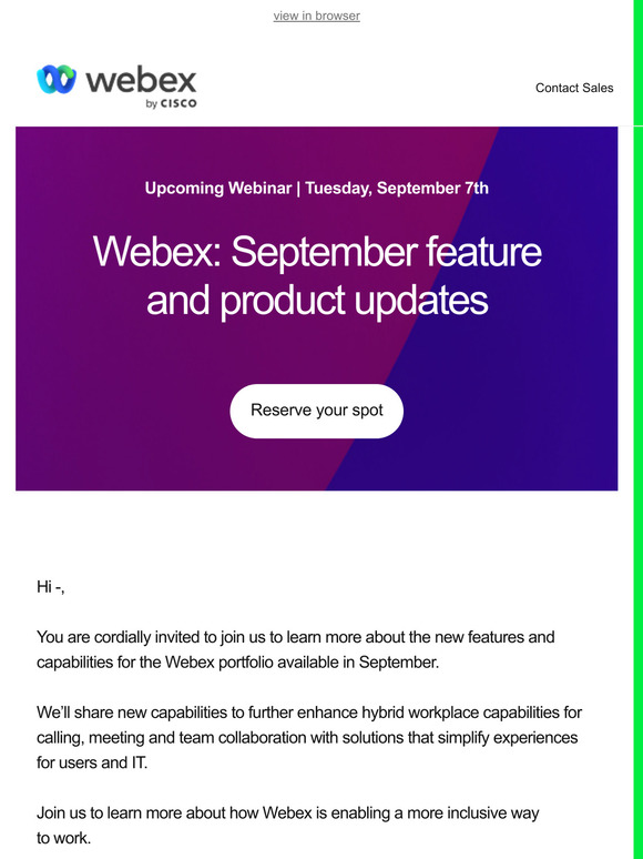 Upcoming webinar:  September feature and product updates from Webex