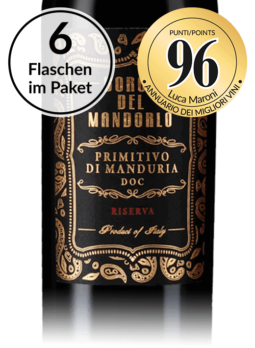 Zweifach veredelter Primitivo: Casa Vinicola Botter 6 Flaschen Borgo del Mandorlo Primitivo di Manduria Riserva 2017
