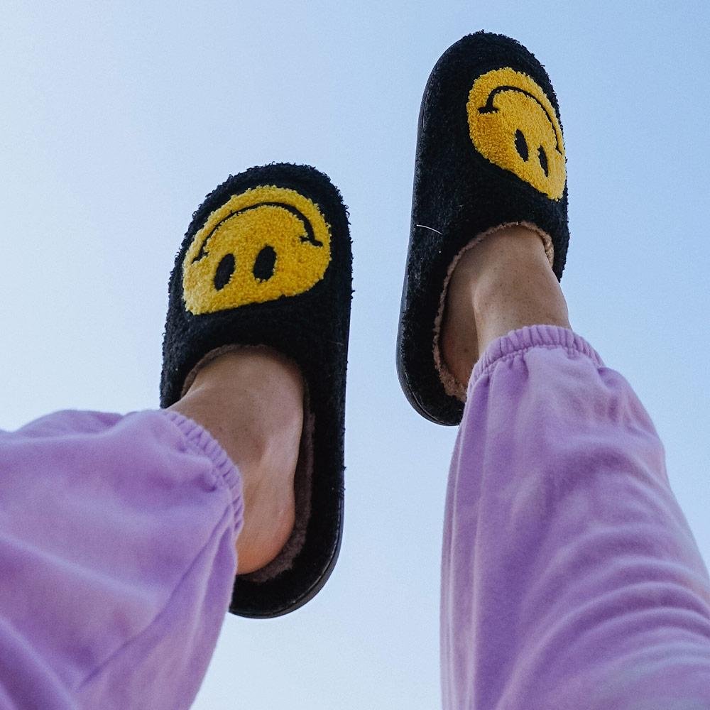 Image of Black Fuzzy Smiley Face Slippers