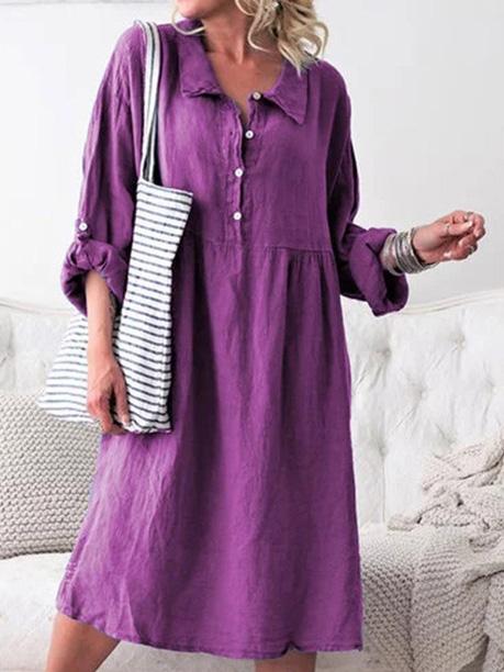 Image of Women's Dresses Loose Shirt Collar Button Long Sleeve Midi Dress