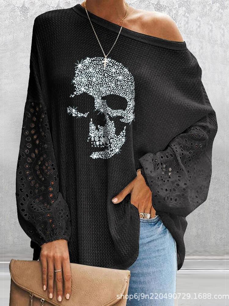 Image of Women's T-Shirts Skull Loose Stitching Long Sleeve T-Shirt