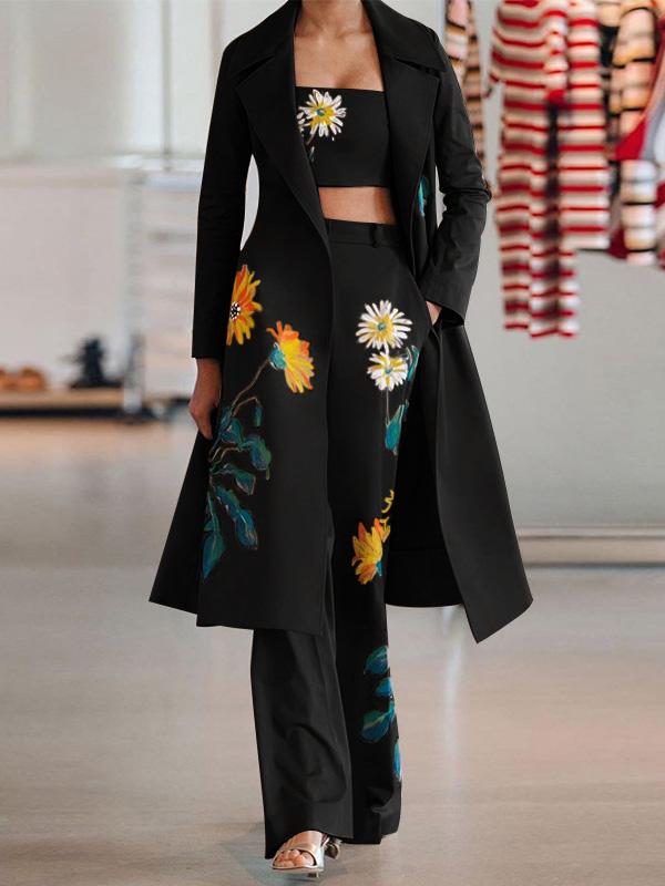 Image of Women's Sets Three-Piece Long Printed Tube Top Trousers Trench Coat