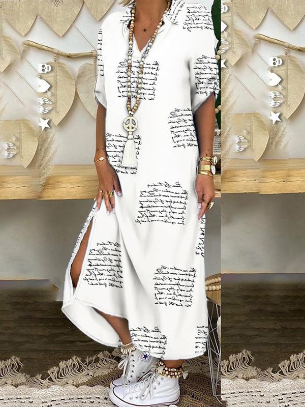 Image of Women's Dresses Loose Printed Split Shirt Maxi Dress