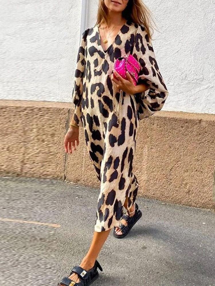Image of Loose V-Neck Lantern Sleeve Leopard Print Dress