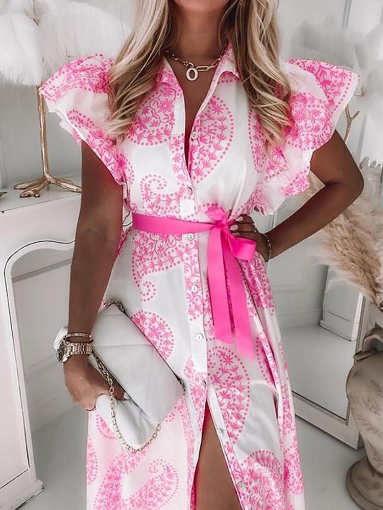 Image of Women's Dresses Ruffled Short Sleeve V-Neck Button Printed Dress