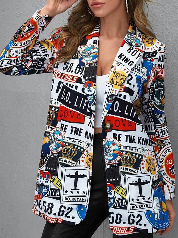 Image of Women's Blazers Multicolor Letter Pattern Printed Fashionable Blazer