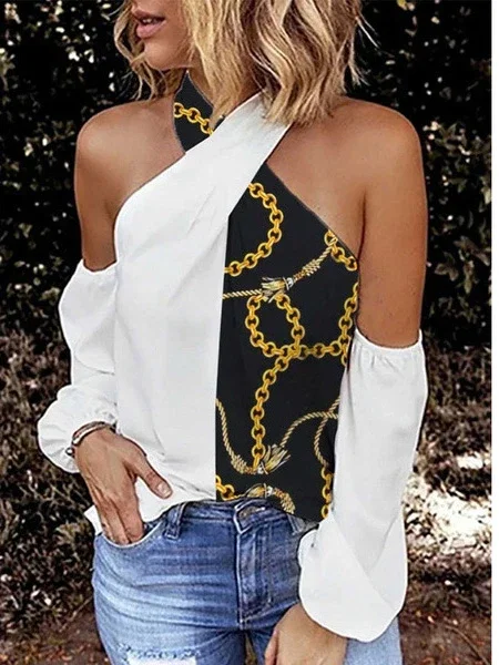 Image of Women's T-Shirts Casual Solid Strapless Hanging Neck T-Shirts