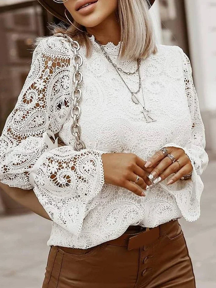 Image of Women's Blouses Stand-Up Collar Long Sleeve Lace Blouses