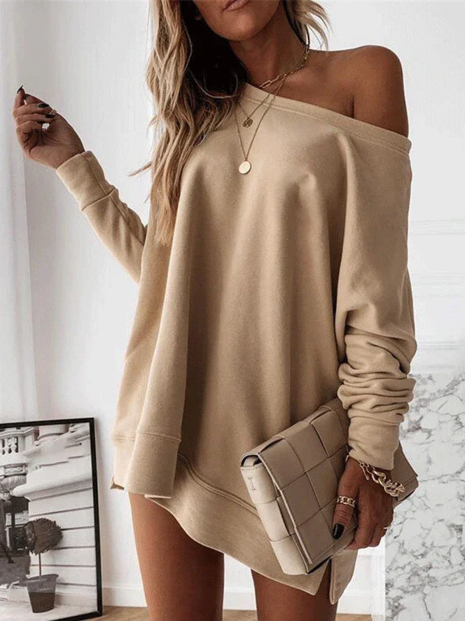 Image of Women's T-Shirts Loose Solid Off-Shoulder Long Sleeve Sweater