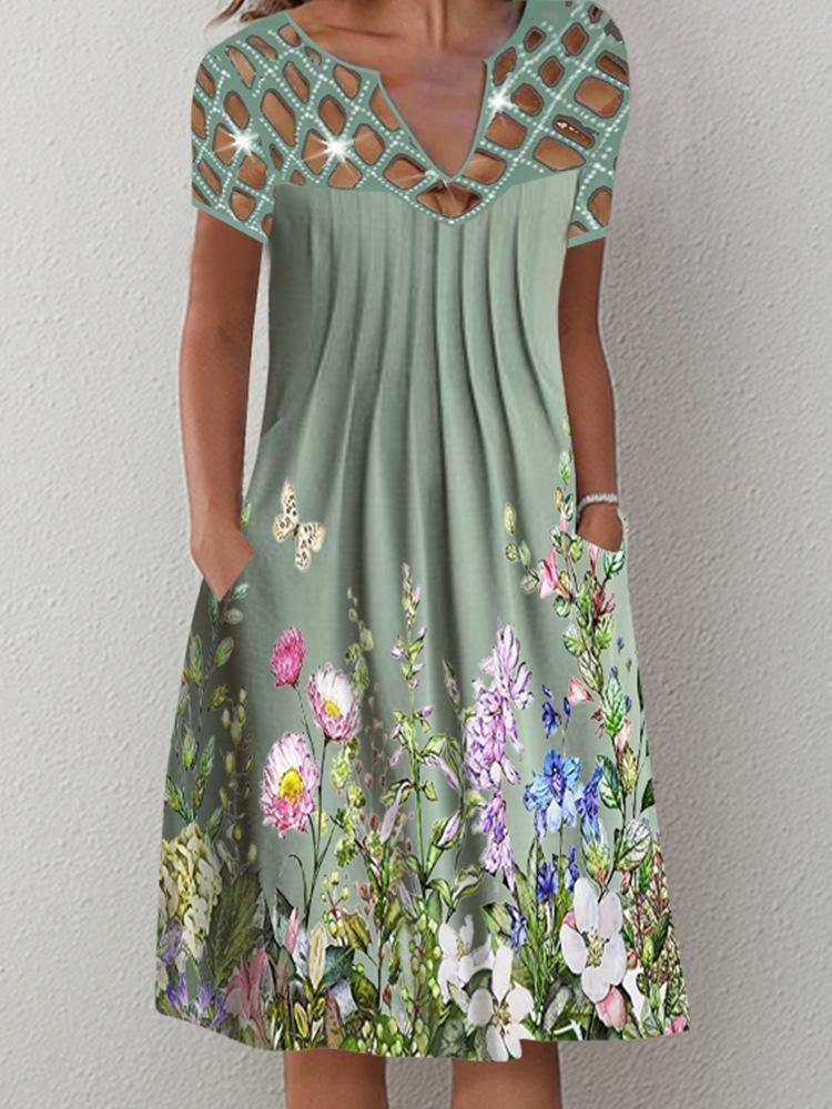Image of Casual Printed Floral Cutout V-Neck Dress