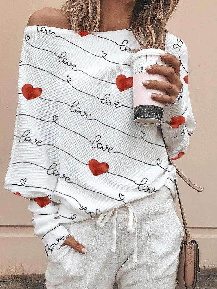 Image of Women's T-Shirts Long Sleeve Heart Print Off Shoulder Commuter Pullover T-Shirt