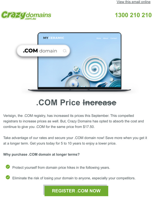 NOTICE: .COM price will stay the same despite the price increase from the registry.