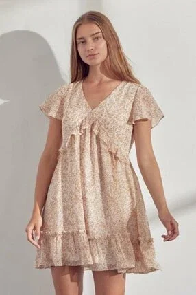&amp;Merci Sand Animal Floral Mix Print Flounce Hem Dress