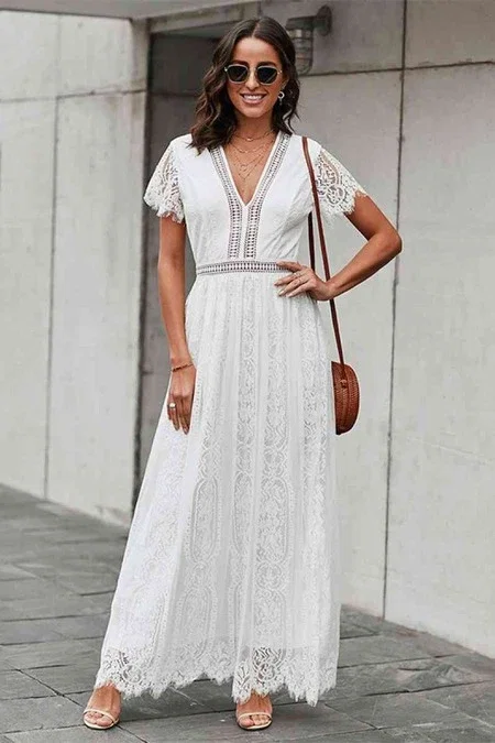 White Label Lace Hollow-Out V Neck Maxi Dress