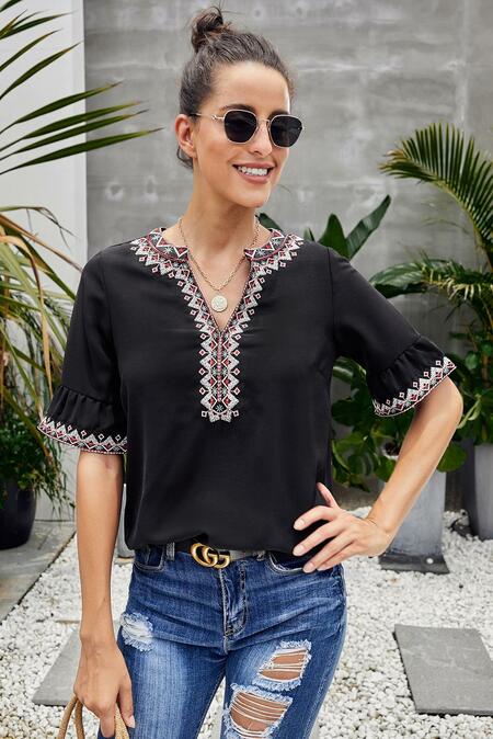 White Label Boho Print V-Neck Top
