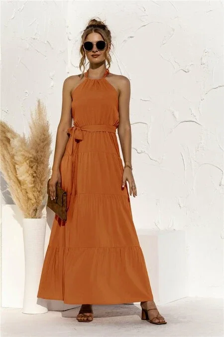 White Label Halter Belted Tiered Maxi Dress