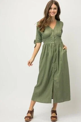 &amp;Merci Basil Linen Button Down Tie Sleeve Maxi Dress