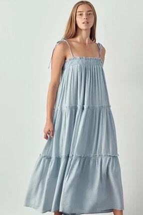 &amp;Merci Blue Adjustable Tie Strap Tiered Maxi Dress