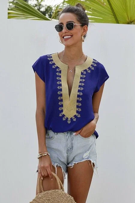 White Label Bohemian Print Short Sleeve Shift Blouse