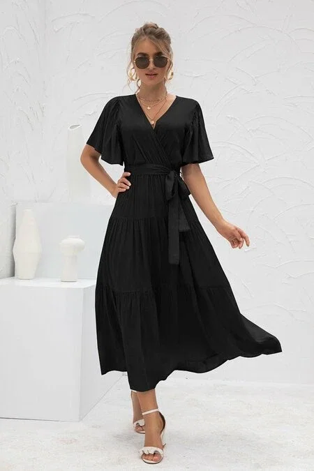 White Label Flutter Sleeve Wrap Front Tie Maxi Dress