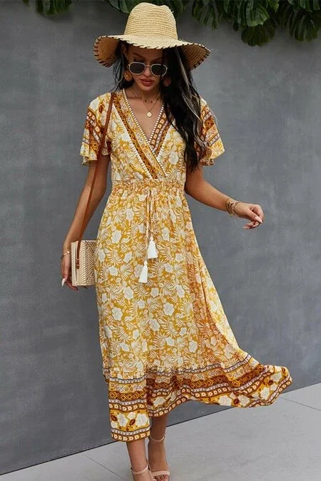 White Label Bohemian Flutter Sleeve Wrap Maxi Dress