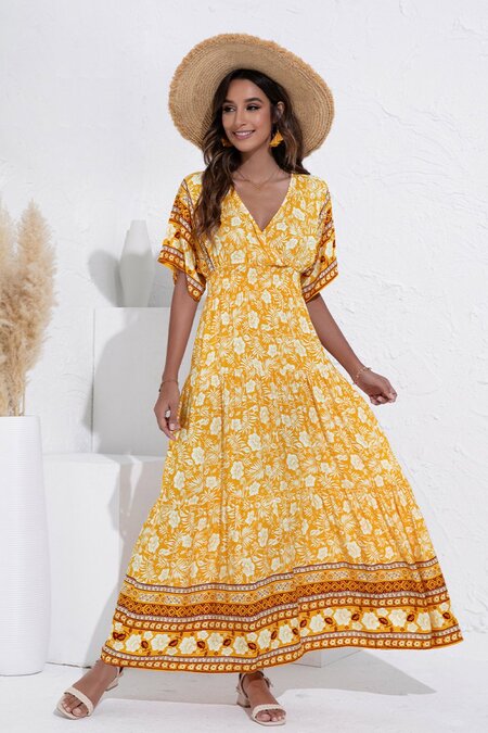 White Label Bohemian Floral Print Short Sleeve Maxi Dress