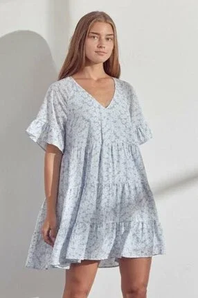 &amp;Merci Angel Blue Floral V-Neck Tiered Dress