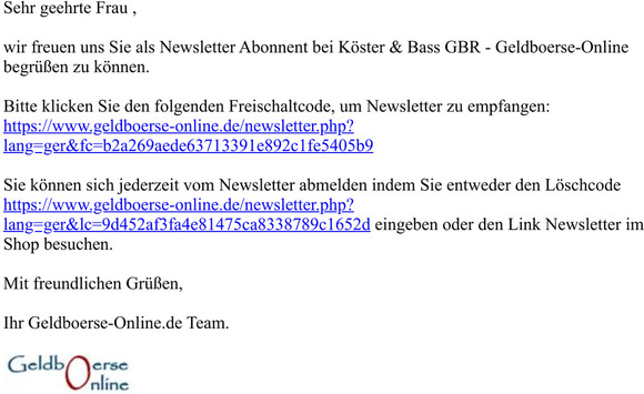 Ihr Newsletter Freischaltcode von Kster & Bass GBR - Geldboerse-Online