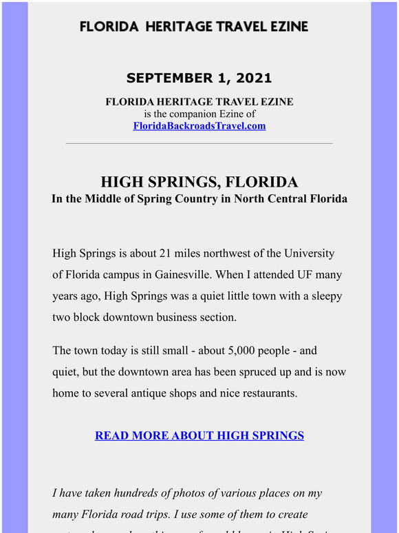 Florida Heritage Travel, September 1, 2021 - High Springs